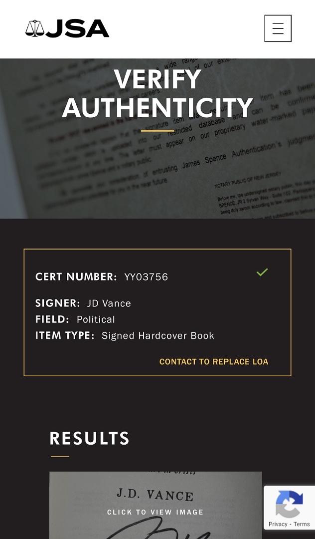 JD Vance (Vice-President) Signed "Hillbilly Elegy" Book #01