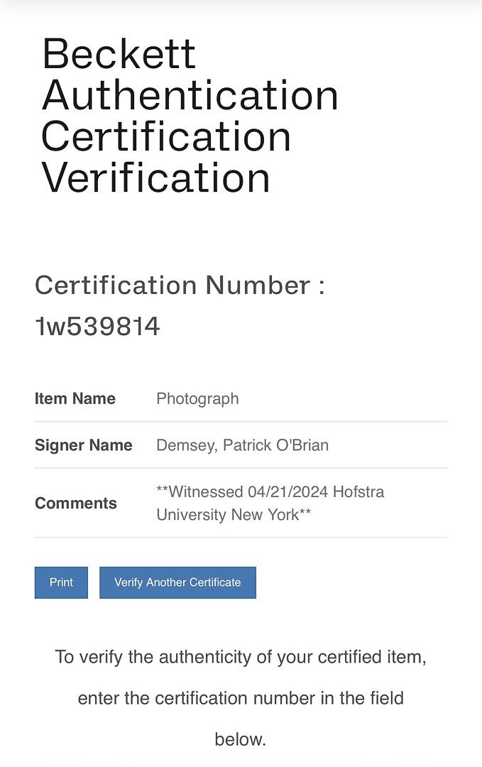 Patrick O'Brien Demsey signed 8x10 (Miracle) - Beckett COA