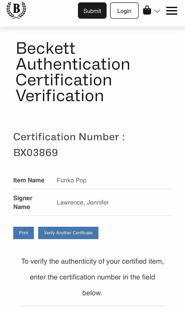 Jennifer Lawrence signed Hunger Games Funko #230 - Beckett COA *RARE*
