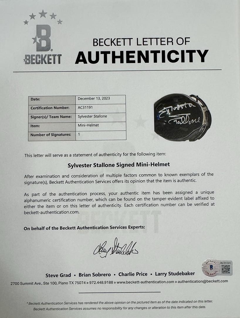 Sylvester Stallone (Eagles) signed mini-helmet *RARE* Beckett COA w/full letter of authenticity