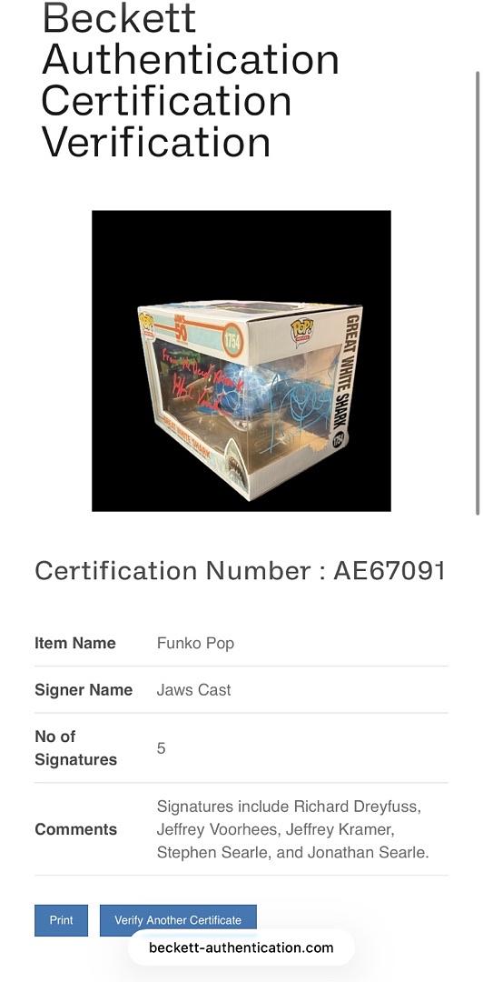 Richard Dreyfuss, Jeffrey Kramer, Jeffrey Vorhees, Stephen and Jonathan Searle, Signed Funko Pop #1754 (Jaws) - Beckett COA #03