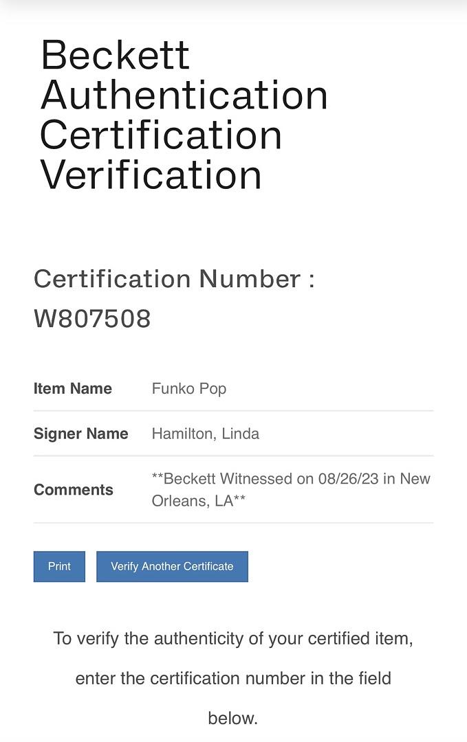 Linda Hamilton Signed Funko Pop #818 Sara Connor (Terminator) - Beckett COA #08