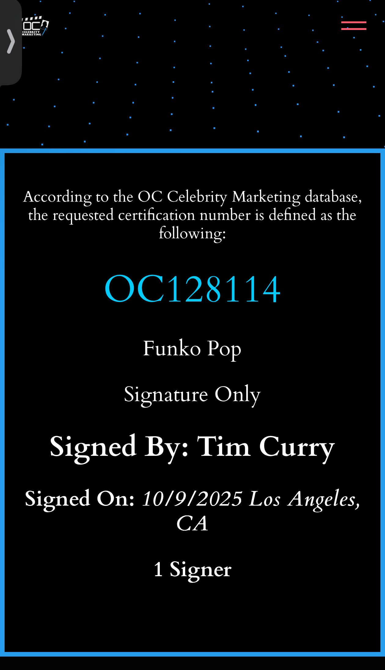 Tim Curry signed Funko #1912 "Frank-N-Furter" (Rocky Horror Picture Show) - OC Celebrity Marketing (Copy)