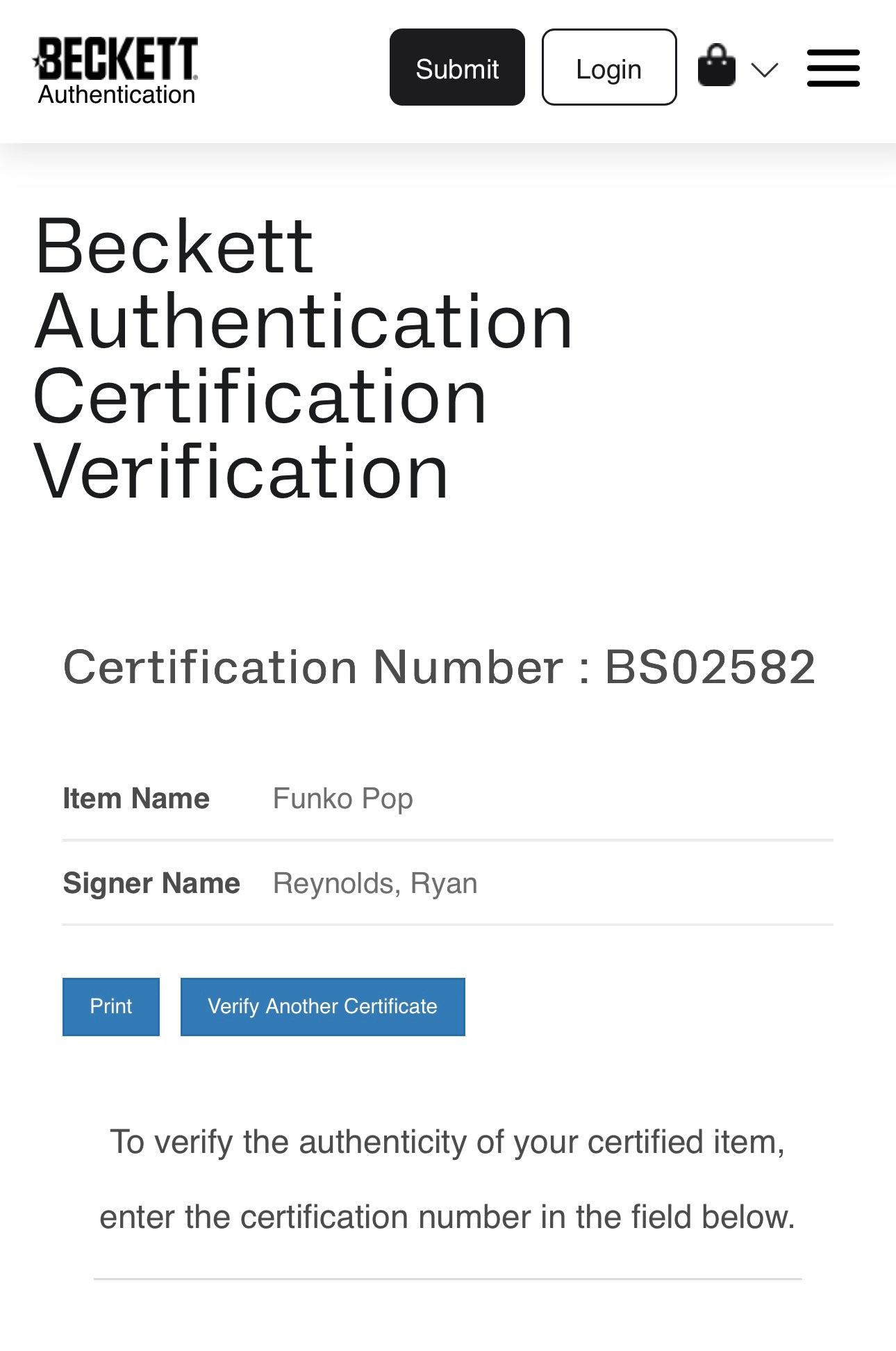 Ryan Reynolds Signed Funko Pop #1344 Deadpool (Blue Ink) - Beckett COA