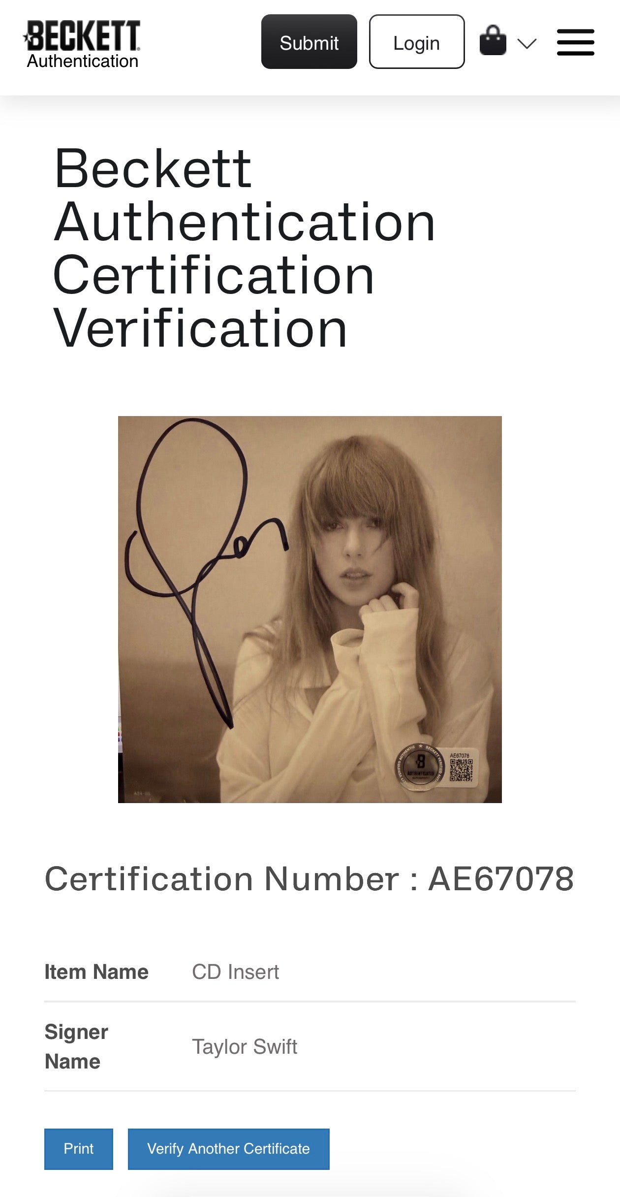 Taylor Swift signed CD Insert "The Manuscript" - JSA COA