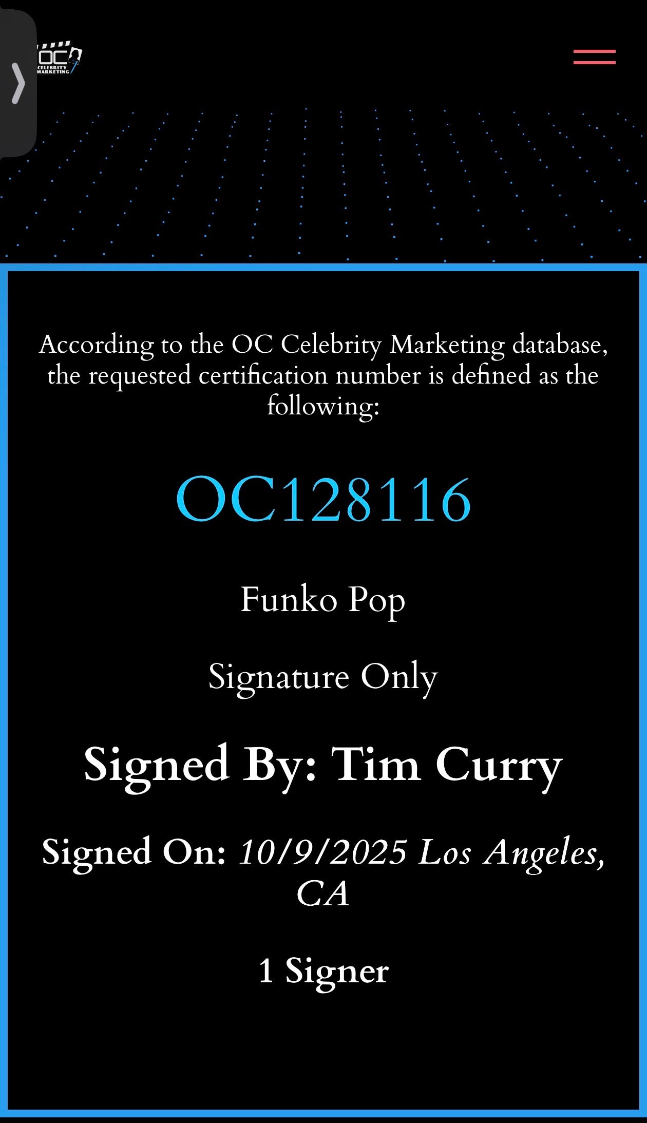 Tim Curry signed Funko #1912 "Frank-N-Furter" (Rocky Horror Picture Show) - OC Celebrity Marketing (Copy) (Copy)