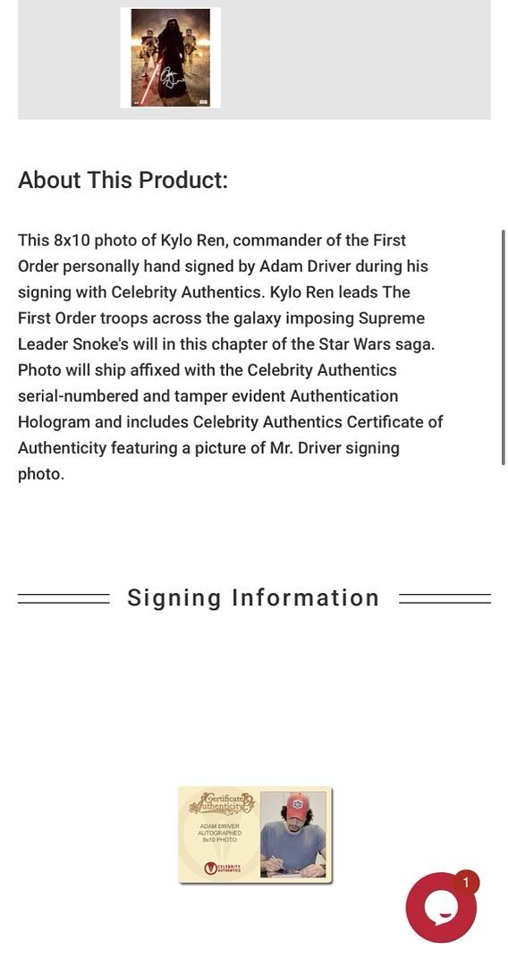 Adam Driver signed 8x10 (Star Wars) - Celebrity Authentics COA