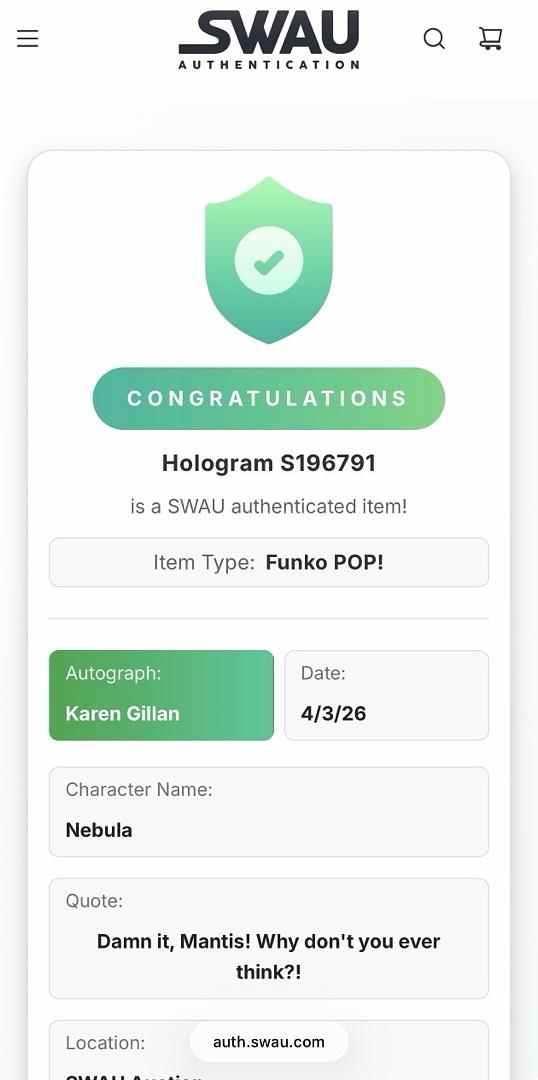 Karen Gillan Signed Funko Pop #1205 "Nebula" (GOTG) w/long quote and char name - SWAU COA (Copy)