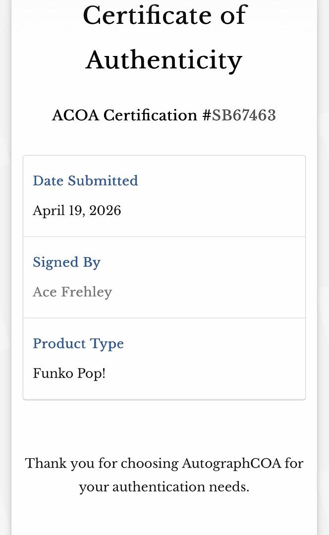 Ace Frehley Signed Funko Pop #123 "The Spaceman" (KISS) - ACOA COA
