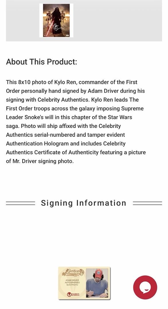 Adam Driver signed 8x10 (Star Wars) - Celebrity Authentics COA