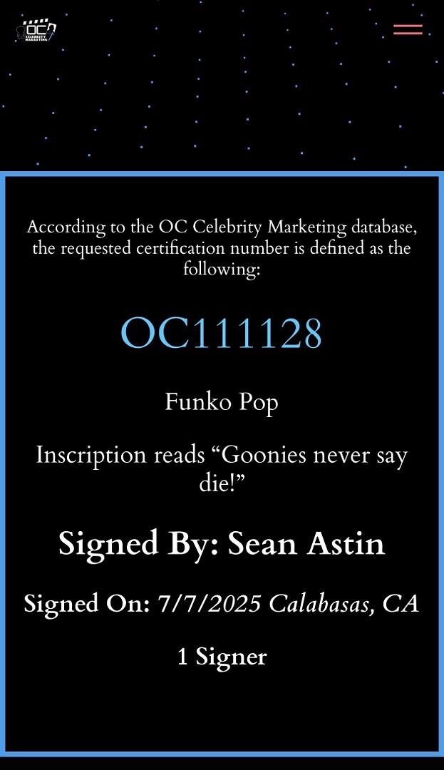 Sean Astin signed "Mikey" Funko #1067 (The Goonies) w/quote- OC Celebrity Marketing COA