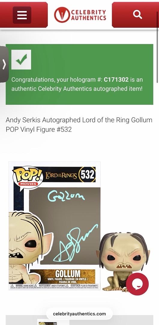 Andy Serkis Signed Funko Pop #532 "Gollum" (LOTR) w/character name - Celebrity Authentics COA