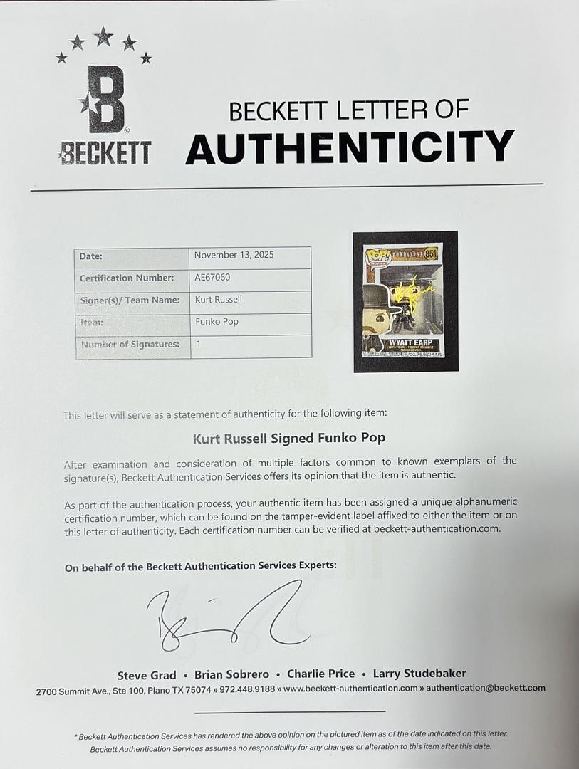 Kurt Russell Signed Funko Pop #851 Wyatt Earp Tombstone (Yellow Ink) - Beckett COA and full LOA