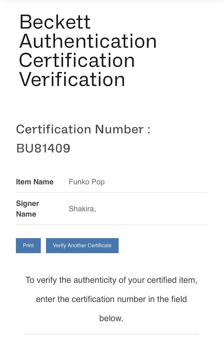 Shakira Signed Funko Pop #357 *RARE* - Beckett COA