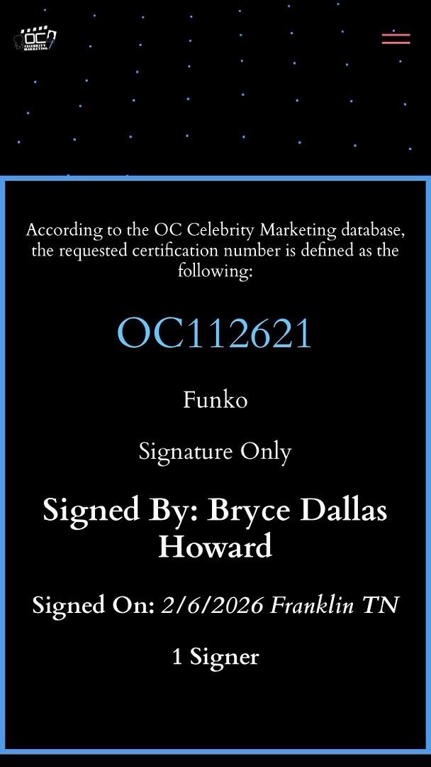 Bryce Dallas Howard Signed #1680 "Dilophosaurus" (Jurassic World) - OC Celebrity Marketing