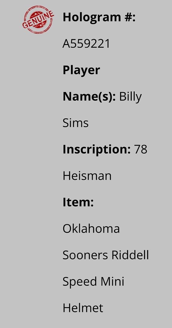 Billy Sims (Oklahoma) signed Heisman mini-helmet - Schwartz COA
