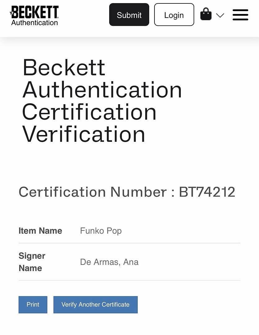 Ana De Armas Signed Funko Pop #1014 "Paloma" (James Bond) - Beckett COA