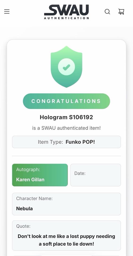 Karen Gillan Signed Funko Pop #1205 "Nebula" (GOTG) w/long quote - SWAU COA