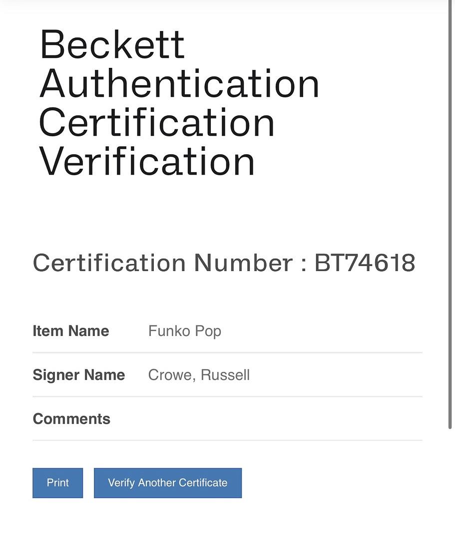 Russell Crowe signed "Zeus" Funko #1069 (Thor: Love and Thunder) - Beckett COA