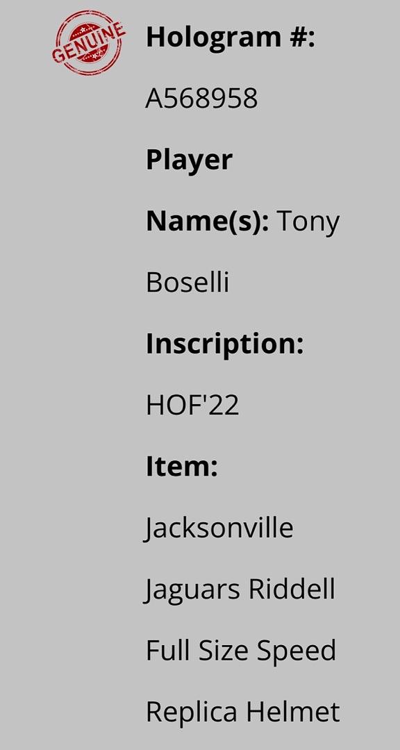 Tony Boselli (Jaguars) signed full size replica helmet w/HOF inscription - Schwartz COA