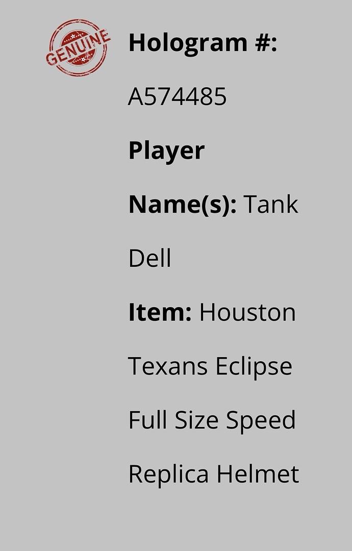 Tank Dell (Texans) signed full size replica Eclipse helmet - Schwartz and Players Ink COA