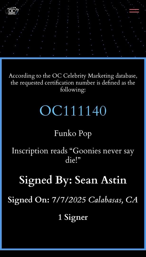 Sean Astin signed "Mikey" Funko #1067 (The Goonies) w/quote- OC Celebrity Marketing COA