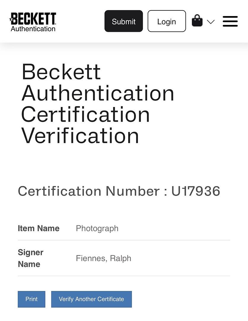 Ralph Fiennes Signed 8x10 Photo (Harry Potter) - Beckett COA
