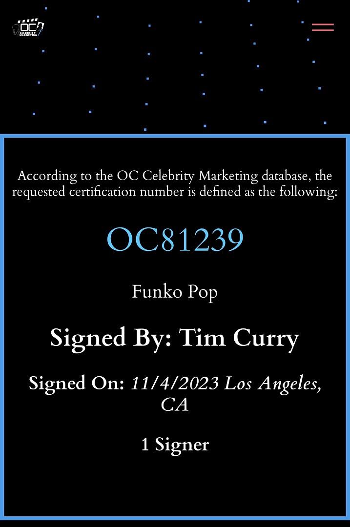 Tim Curry Signed Funko Pop #55 "Pennywise" (IT) - OC Celebrity Marketing COA