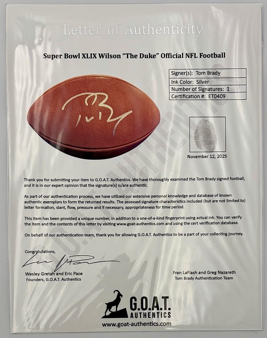 Tom Brady Autographed NFL Duke Super Bowl XLIX Football Fanatics and GOAT COA