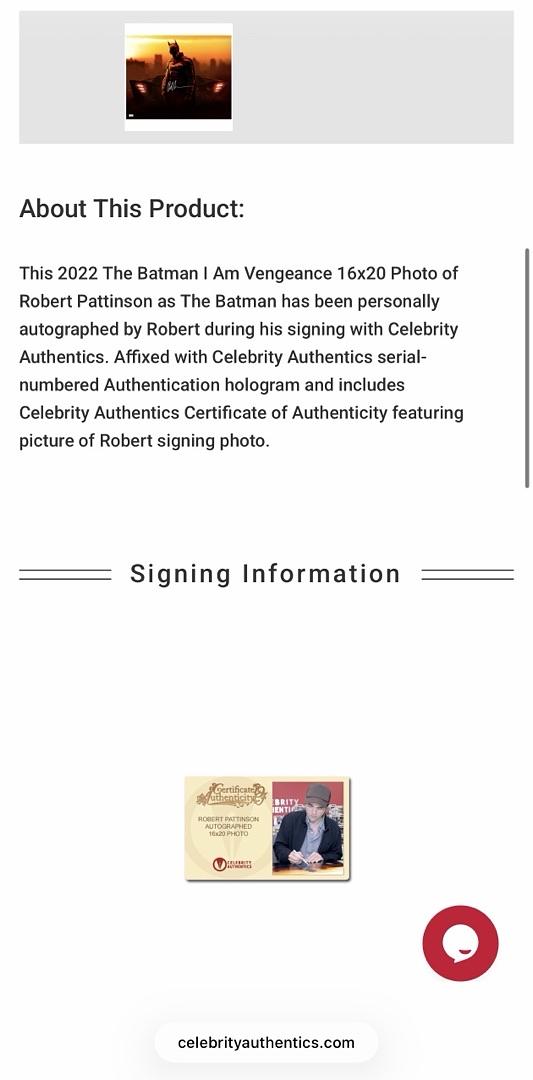Robert Pattinson signed 16x20 "Batman" - Celebrity Authentics COA