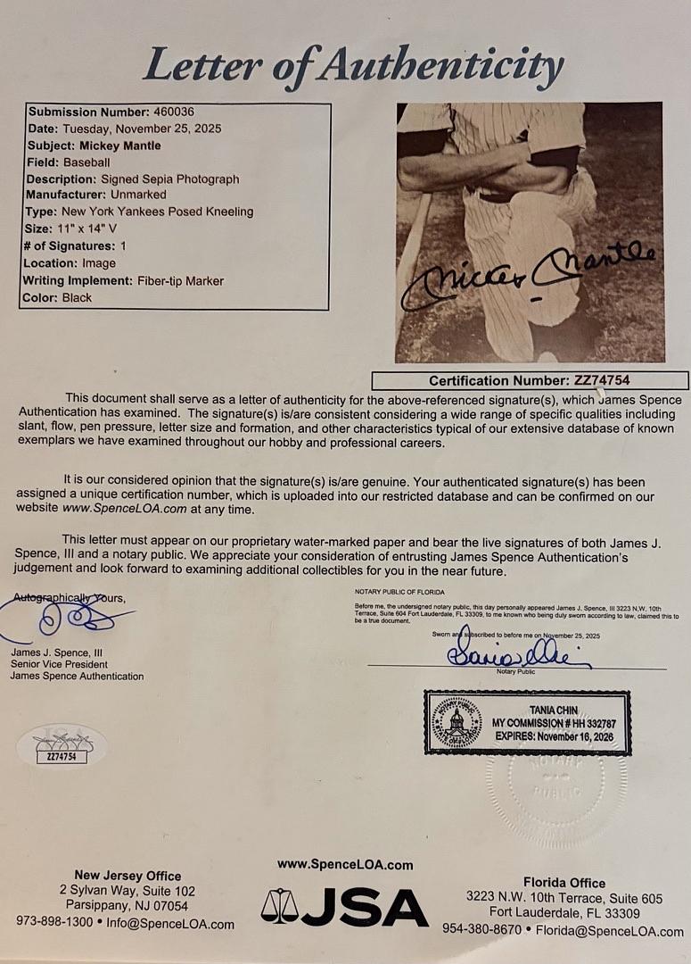 Mickey Mantle signed 11x14 - JSA Full Letter of Authenticity
