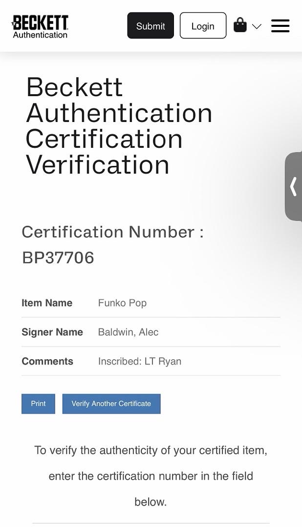 Alec Baldwin signed U.S. Marines Funko (USMC) w/ Lt. Ryan inscription - Beckett COA *RARE*