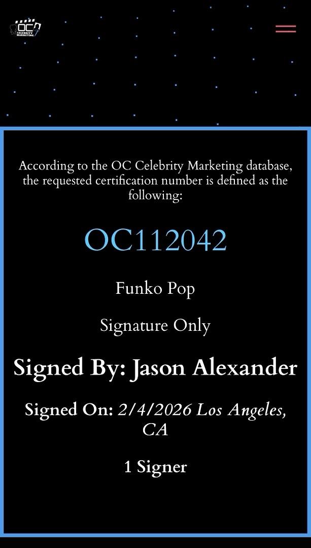 Jason Alexander signed "George" Funko #1082 (Seinfeld) - OC Celebrity Marketing
