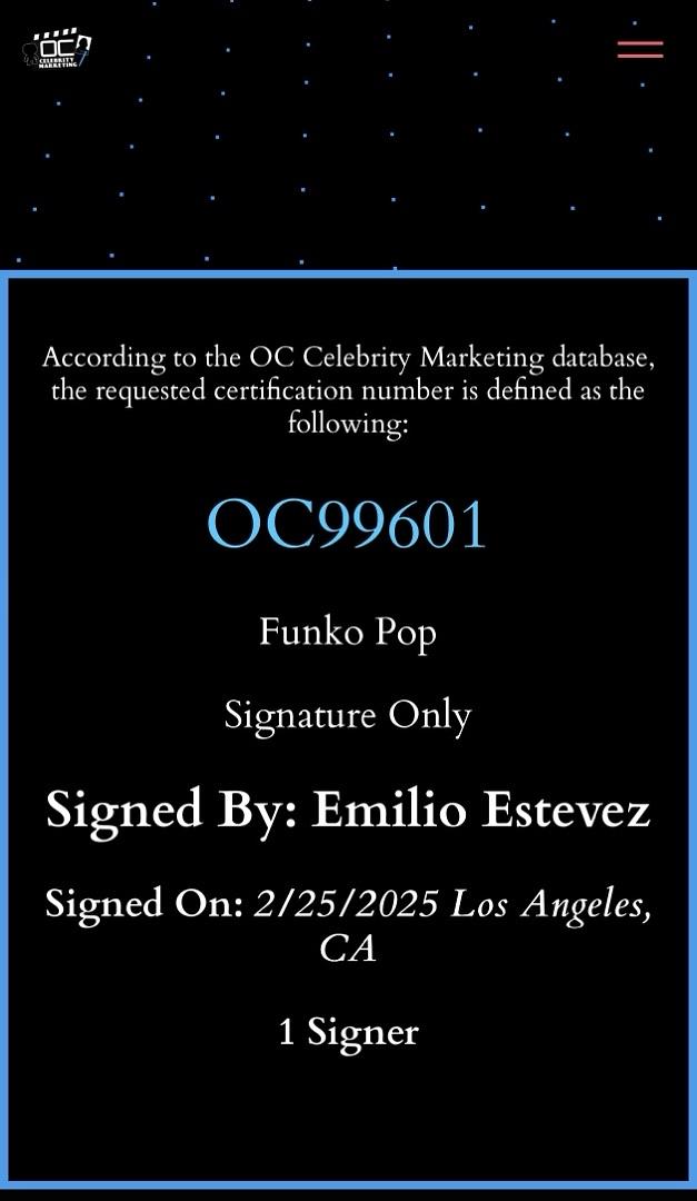 Emilio Estevez Signed Funko Pop #1656 "Andrew" (The Breakfast Club) - Beckett & OC Celebrity Marketing COA