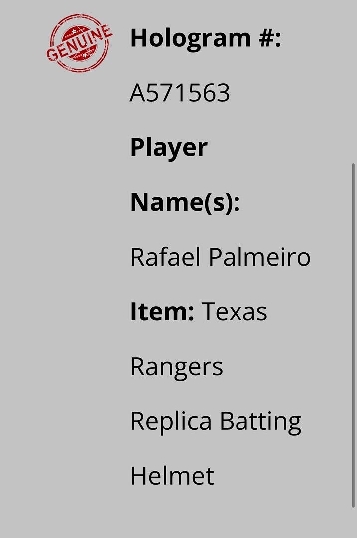 Rafael Palmero (Rangers) signed replica batting helmet - Schwartz COA