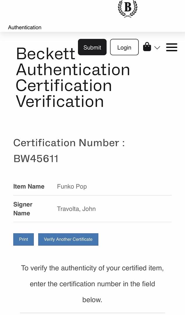 John Travolta Signed Funko Pop #553 Danny Zuko (Grease) - Beckett COA