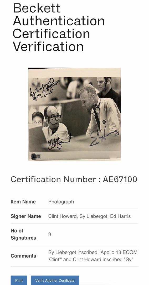 Ed Harris, Clint Howard and Sy Liebergot (Apollo 13) signed 8x10 - Beckett COA