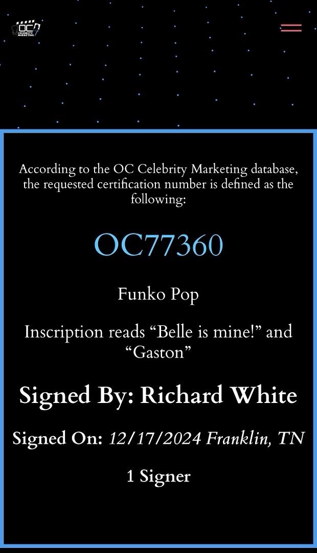 Richard White signed "Gaston" Funko #1518 (Disney Villains) - OC Celebrity Marketing COA