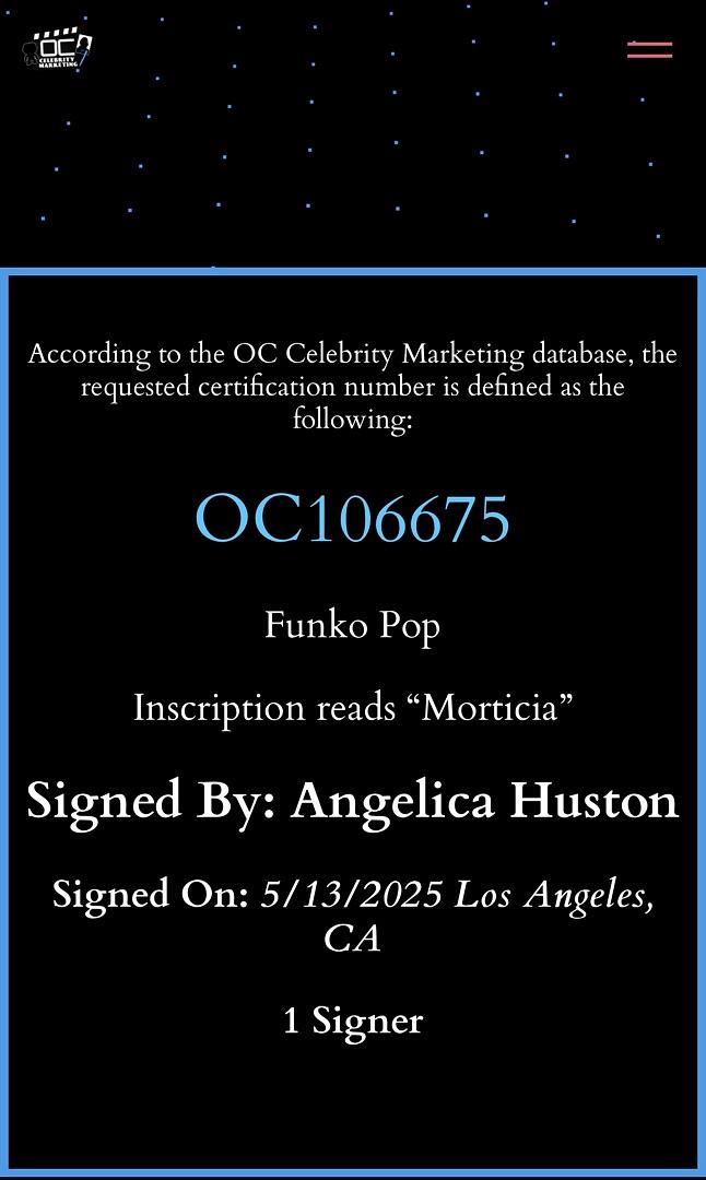 Anjelica Huston Signed Funko Pop #1550 "Morticia Addams" (Addams Family) - OC Celebrity Marketing COA