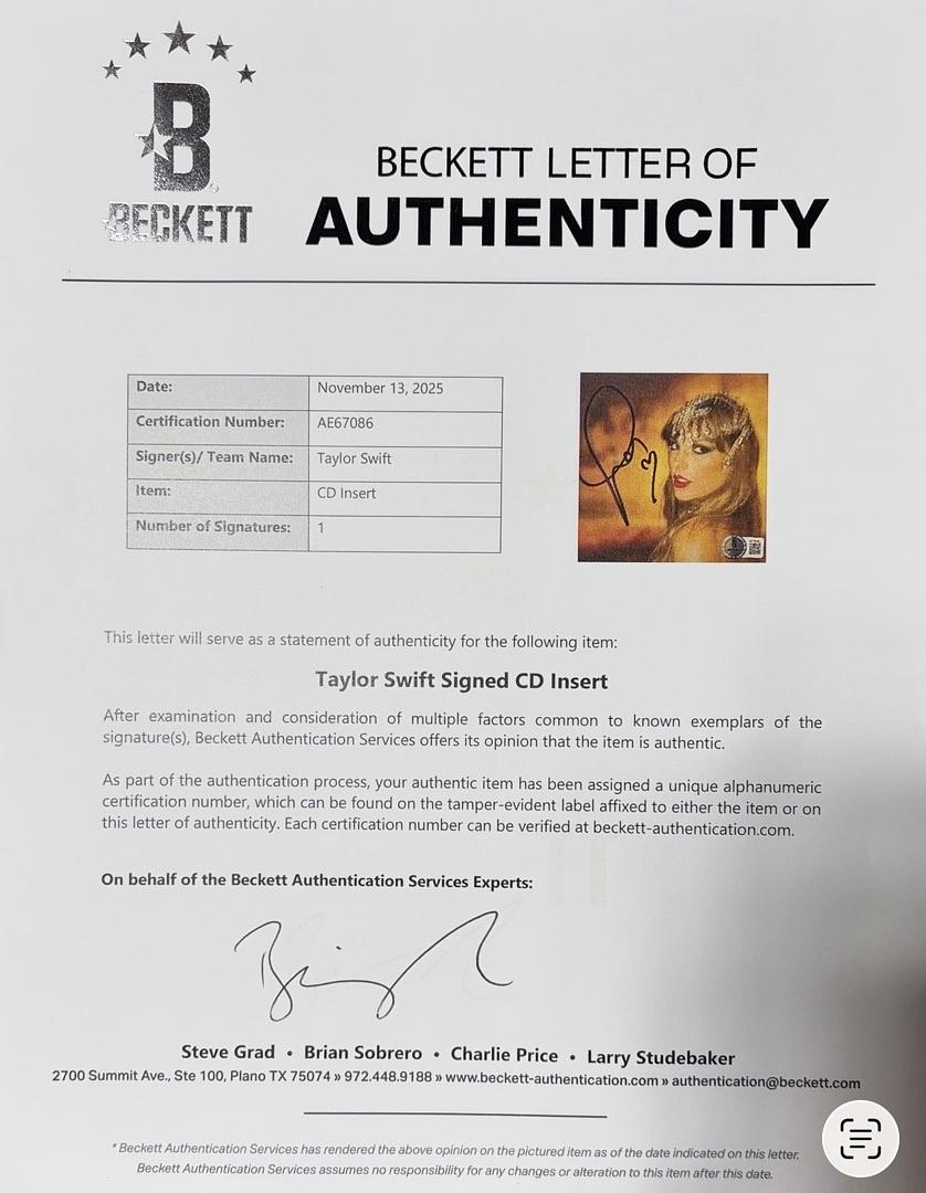 Taylor Swift matted, signed "Life of a Showgirl" CD Insert Photo 1 - Beckett COA with full LOA
