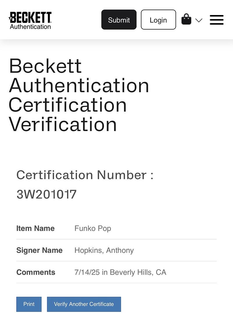 Anthony Hopkins Signed Funko Pop #788 Hannibal Lecter (Silence Of The Lambs) - Beckett COA