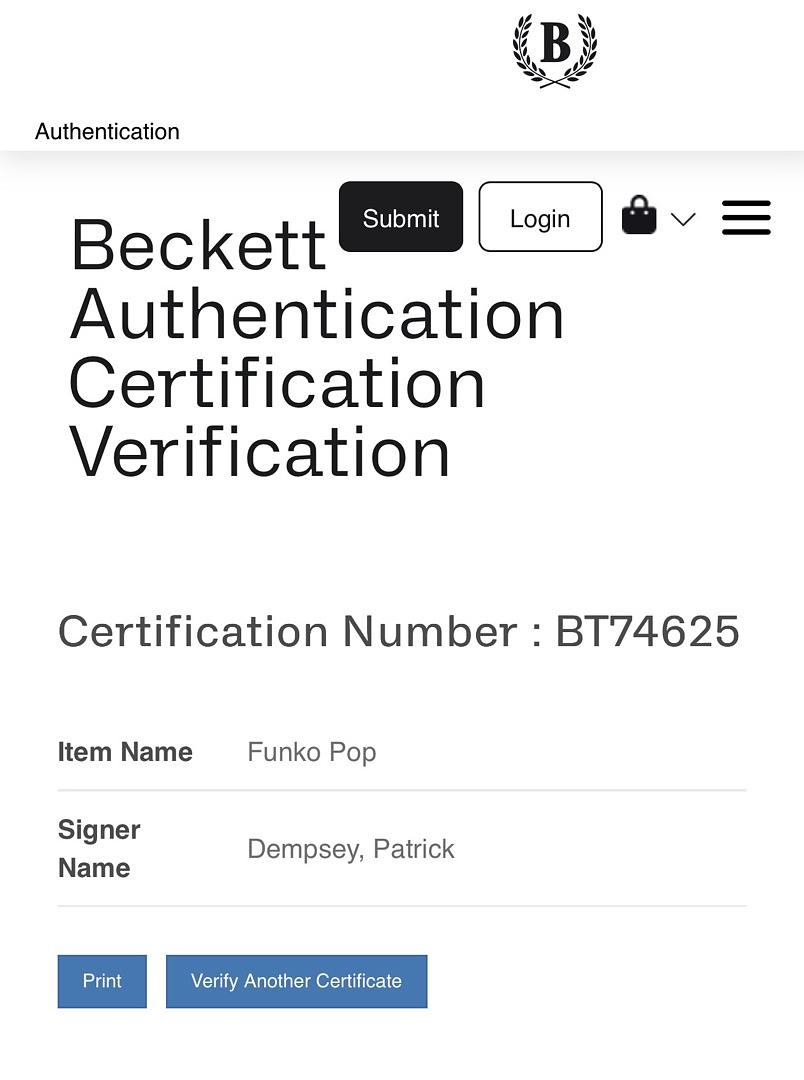 Patrick Dempsey signed Funko #1075 "Grey's Anatomy" - Beckett COA