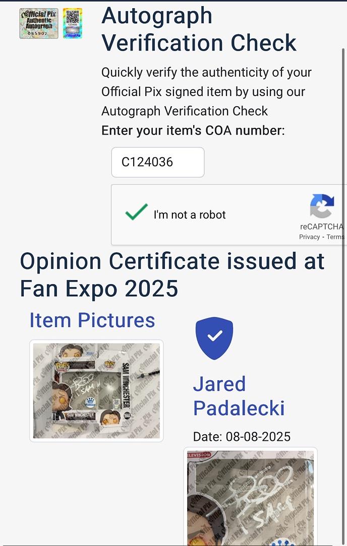 Jared Padalecki (Supernatural) signed Funko #1644 w/character inscription - Official Pix COA