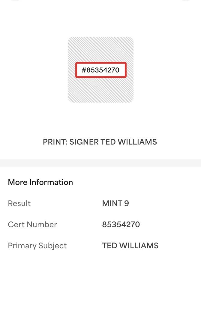 Ted Williams (Red Sox) signed 8.5x11 Print Graded Mint 9 - PSA Encapsulated