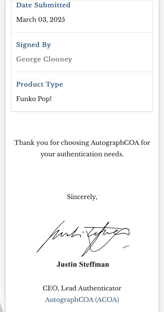 George Clooney Signed Funko Pop #314 Batman (Blue Ink) - ACOA #6
