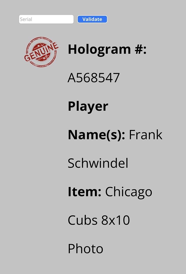 Frank Schwindel Signed 8x10 Photo Chicago Cubs - Schwartz COA