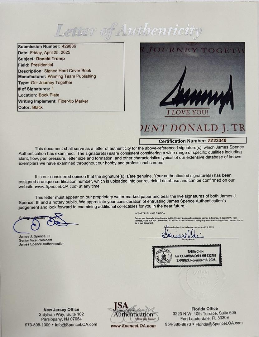 Donald Trump Autographed Book Our Journey Together Signed Bookplate - JSA COA #02
