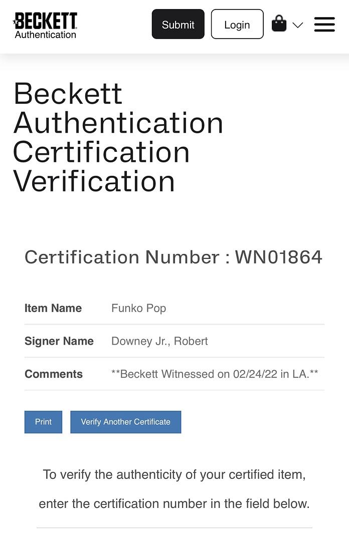 Robert Downey Jr. Signed Funko Pop #136 Iron Man (Avengers Civil War) - Beckett COA