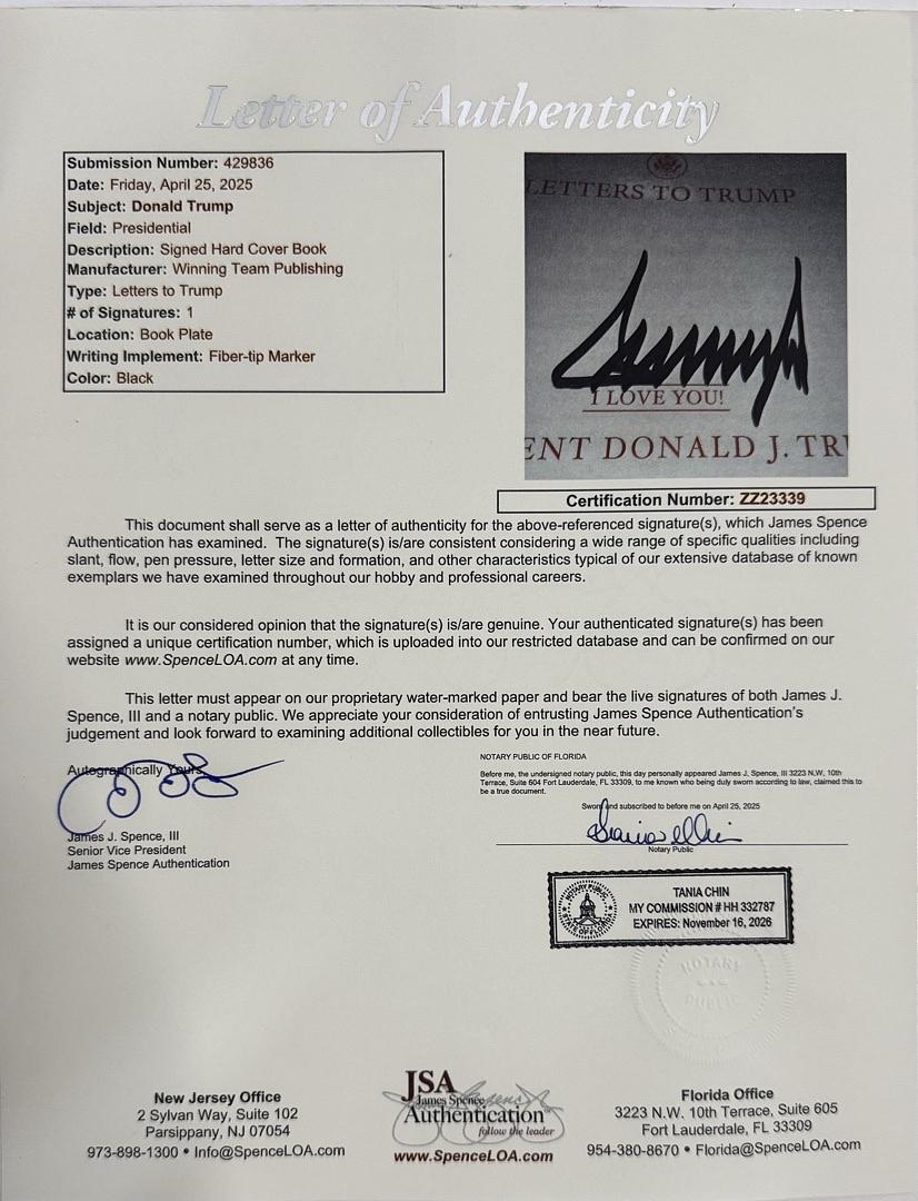 Donald Trump Autographed Book Letters to Trump Signed Hardcover - JSA COA #01