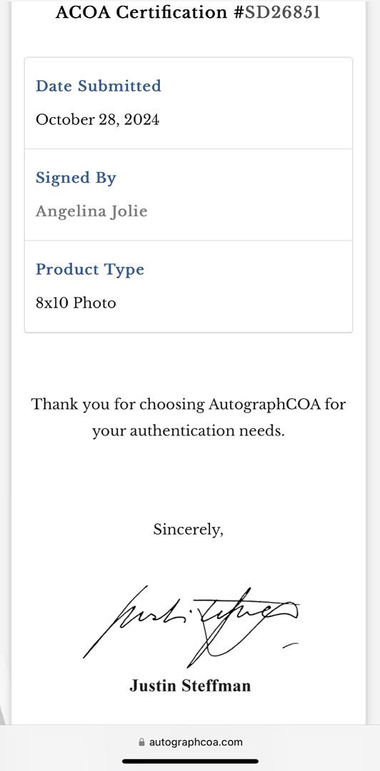 Angelina Jolie Signed 8x10 Photo - ACOA #02